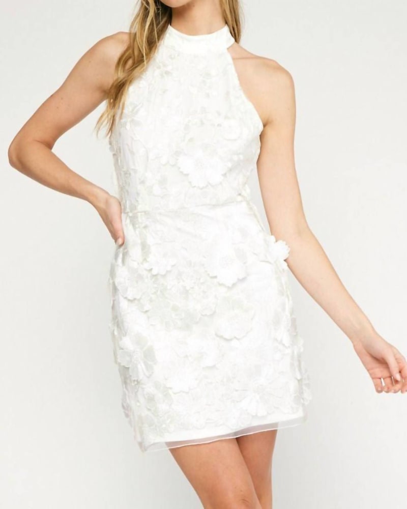 Front of a model wearing a size Large Fallen Petals Dress in White in White by entro. | dia_product_style_image_id:326013